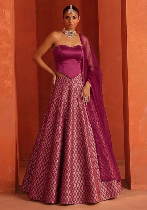 Wine Jacquard Brocade Lehenga Set