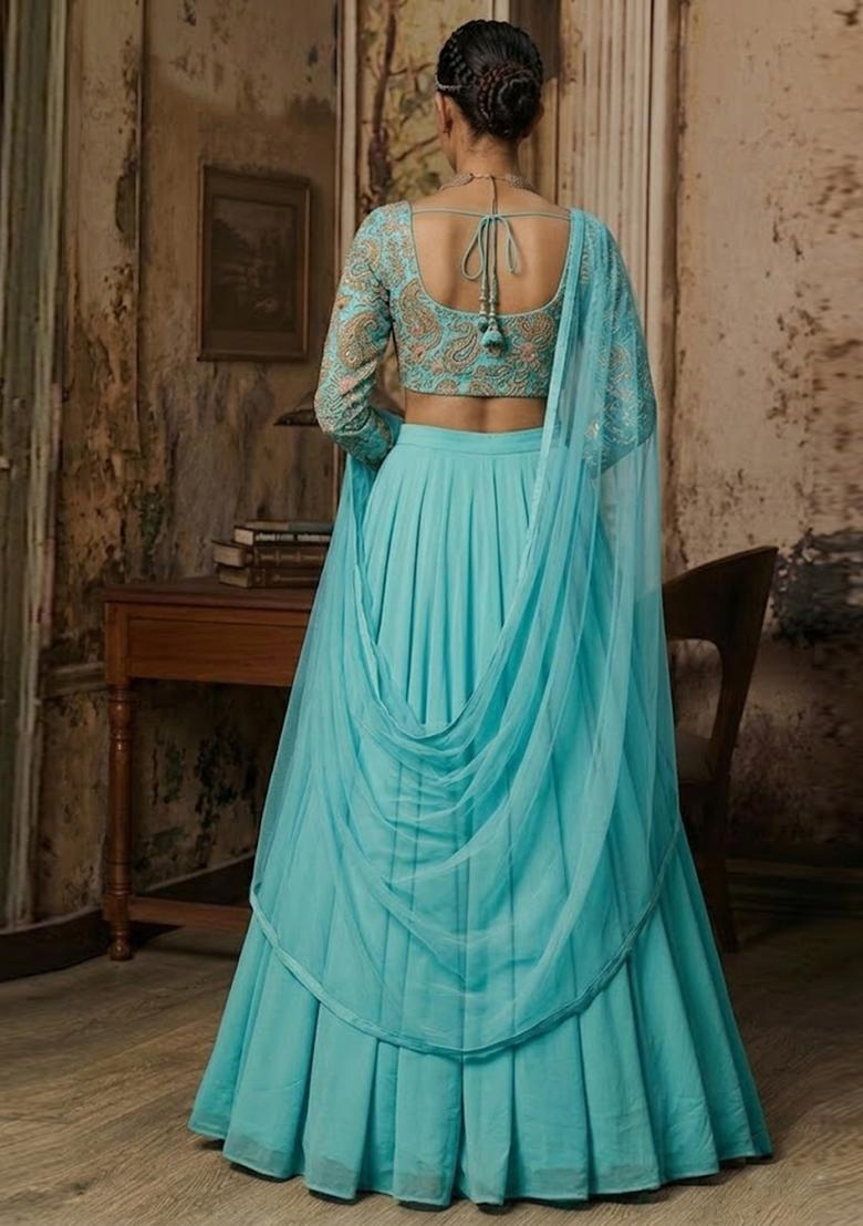 Sky Blue Embroidered Crepe Lehenga Set - Indya