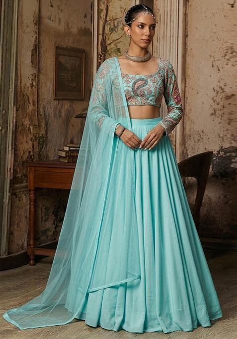 Sky Blue Embroidered Crepe Lehenga Set