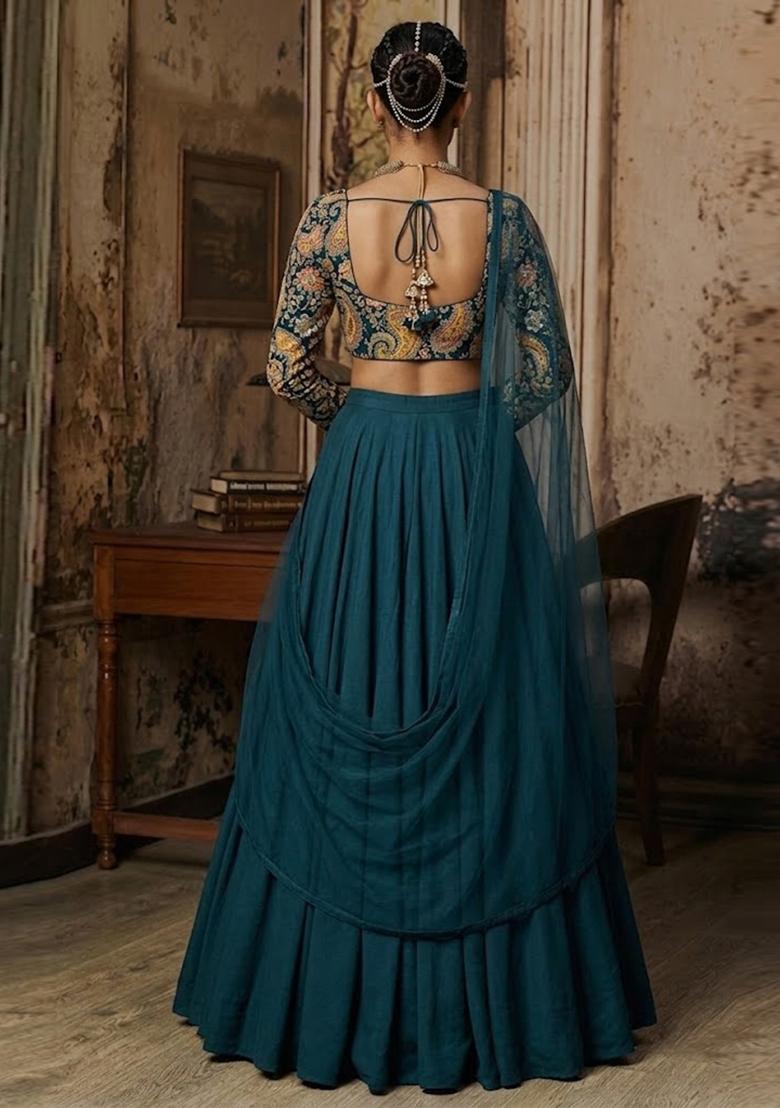 Teal Blue Embroidered Crepe Lehenga Set - Indya