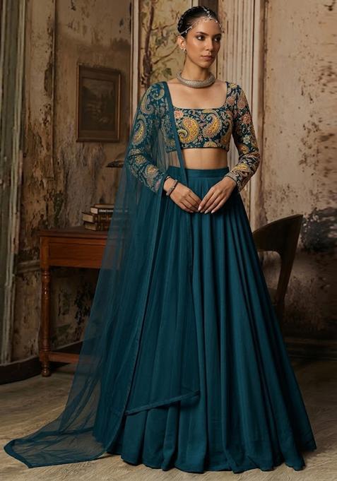 Teal Blue Embroidered Crepe Lehenga Set