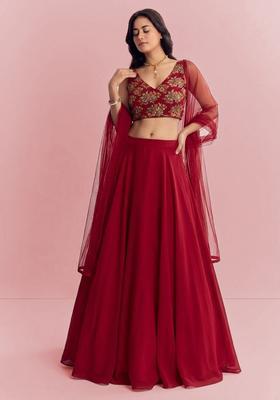 Maroon Embroidered Organza Lehenga Set