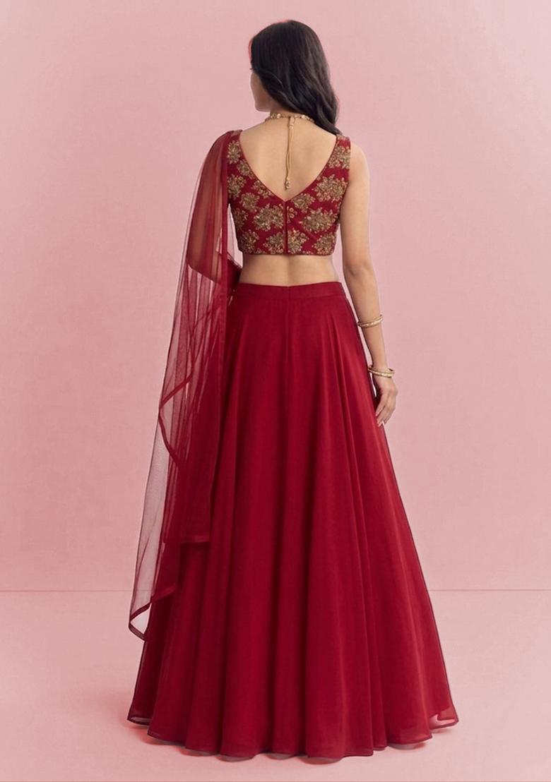 Maroon Embroidered Organza Lehenga Set - Indya