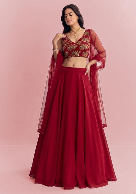 Maroon Embroidered Organza Lehenga Set