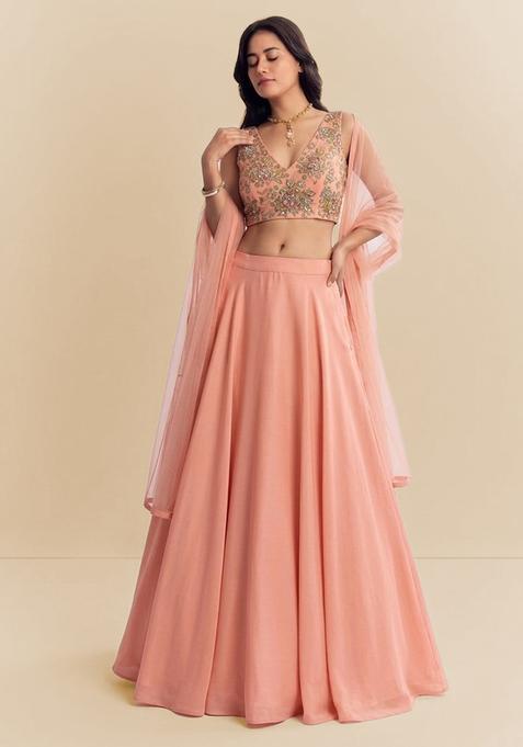 Peach Embroidered Organza Lehenga Set