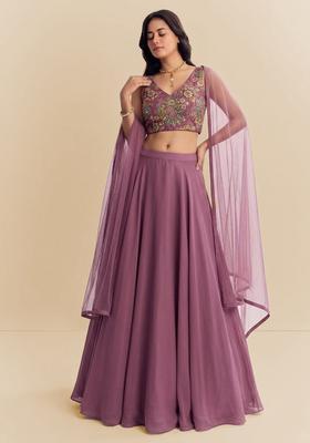 Mauve Embroidered Organza Lehenga Set