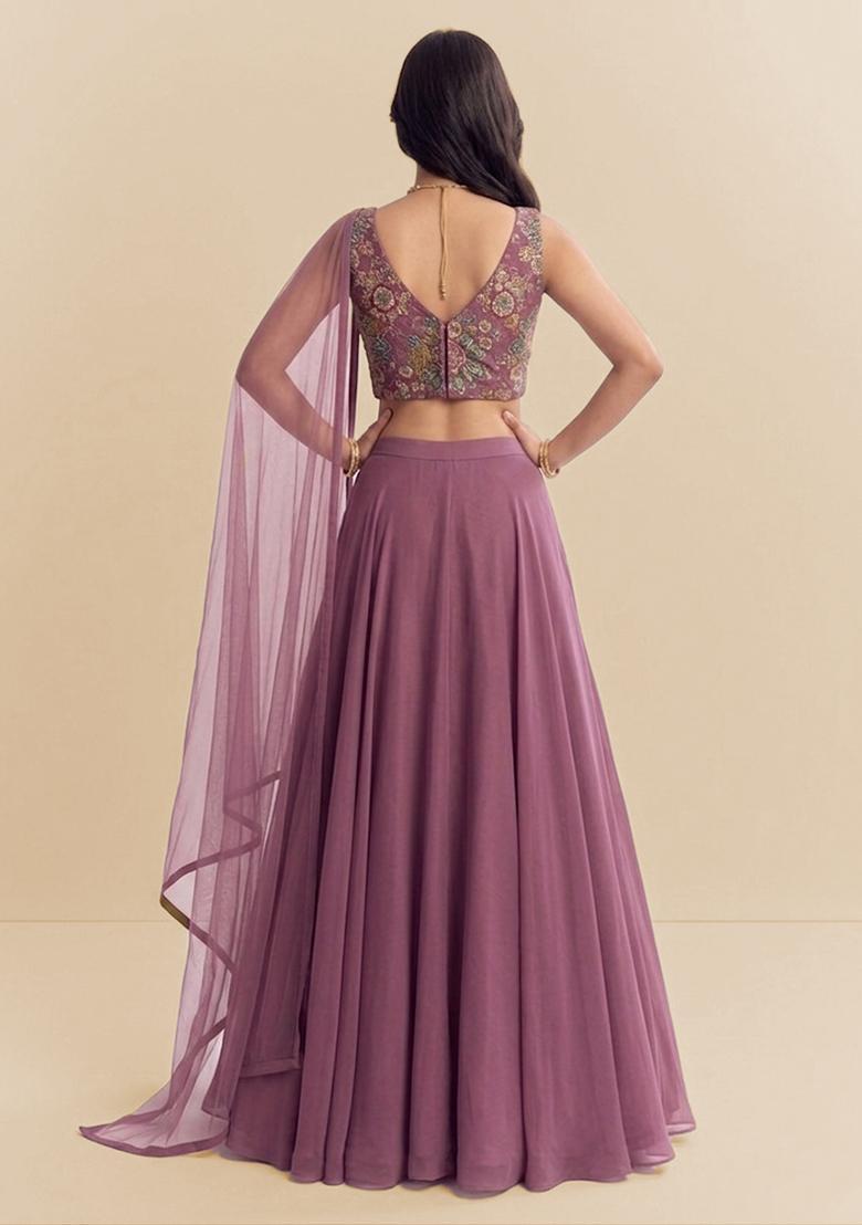 Mauve Embroidered Organza Lehenga Set - Indya