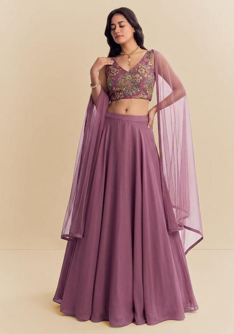 Mauve Embroidered Organza Lehenga Set