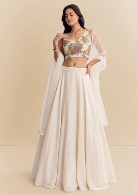 Off White Embroidered Organza Lehenga Set