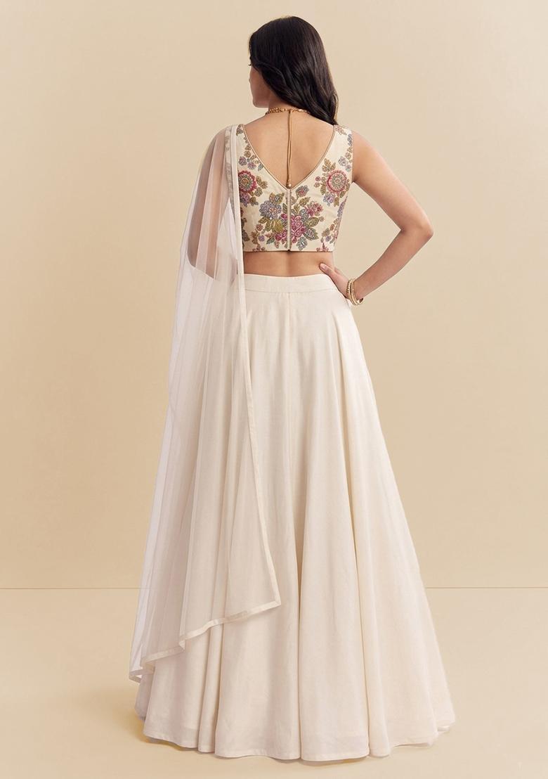 Off White Embroidered Organza Lehenga Set - Indya