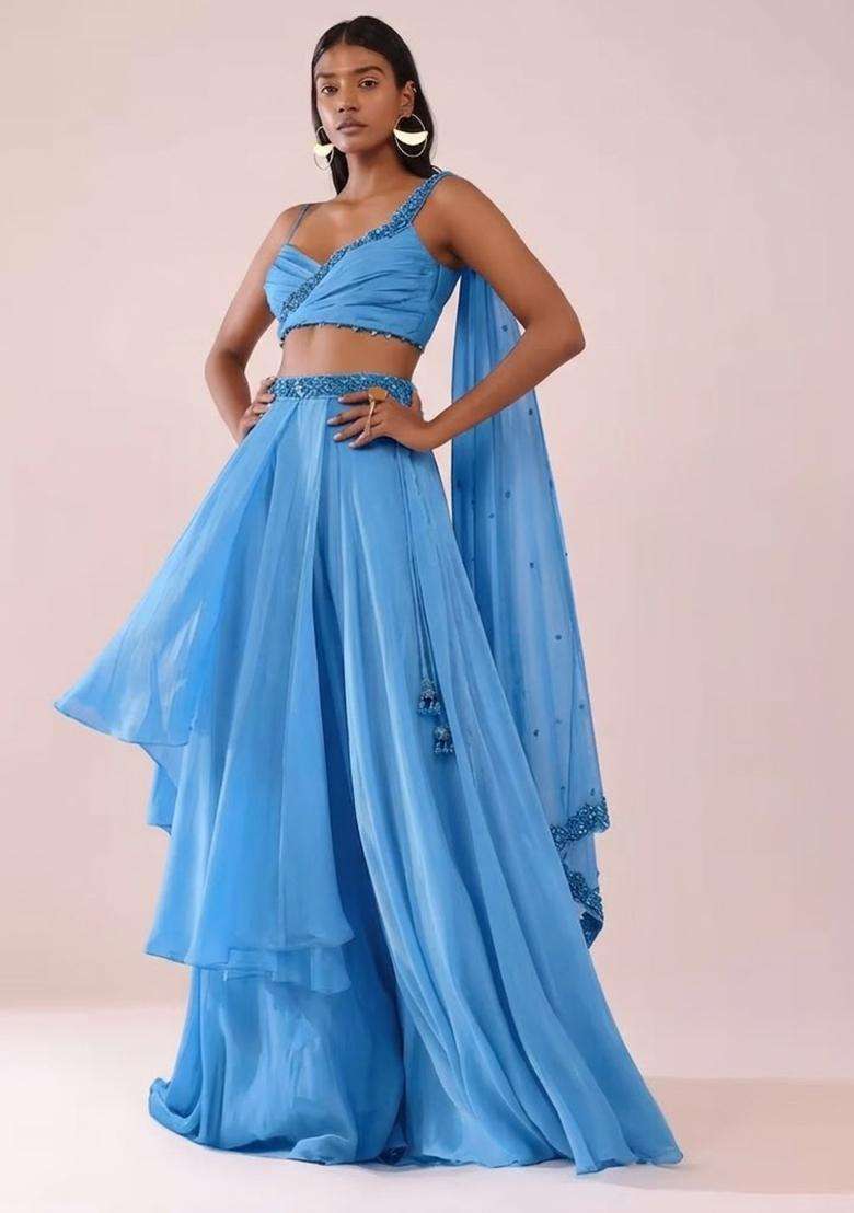 Sky Blue Handwork Lehenga Set - Indya