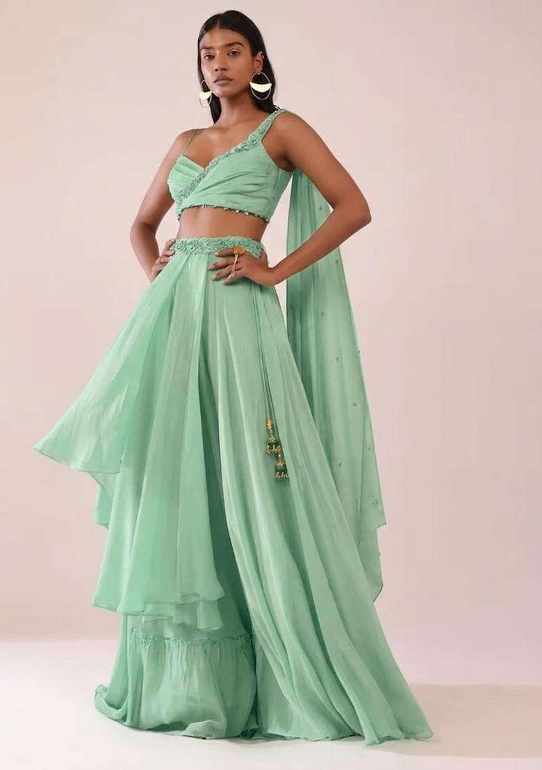 Mint Green Handwork Lehenga Set - Indya