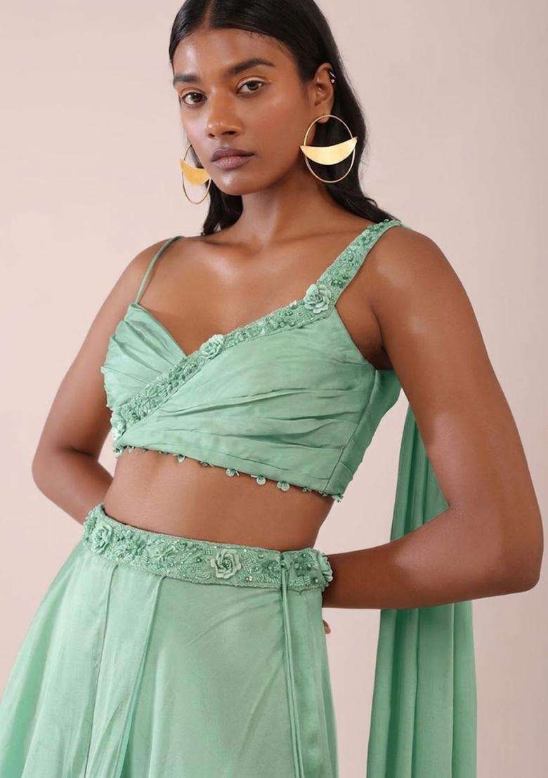 Mint Green Handwork Lehenga Set - Indya