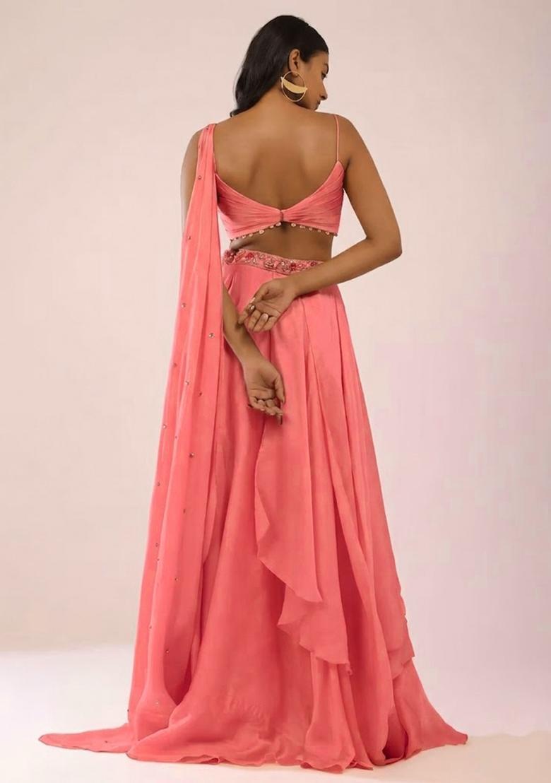 Coral Pink Handwork Lehenga Set - Indya