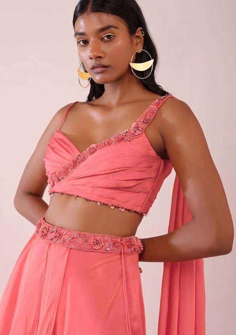 Coral Pink Handwork Lehenga Set - Indya