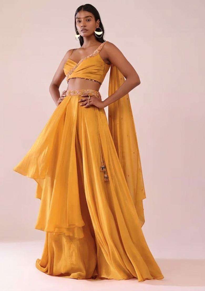 Mustard Yellow Handwork Lehenga Set - Indya