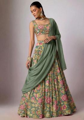 Sage Green Printed Handwork Satin Lehenga Set