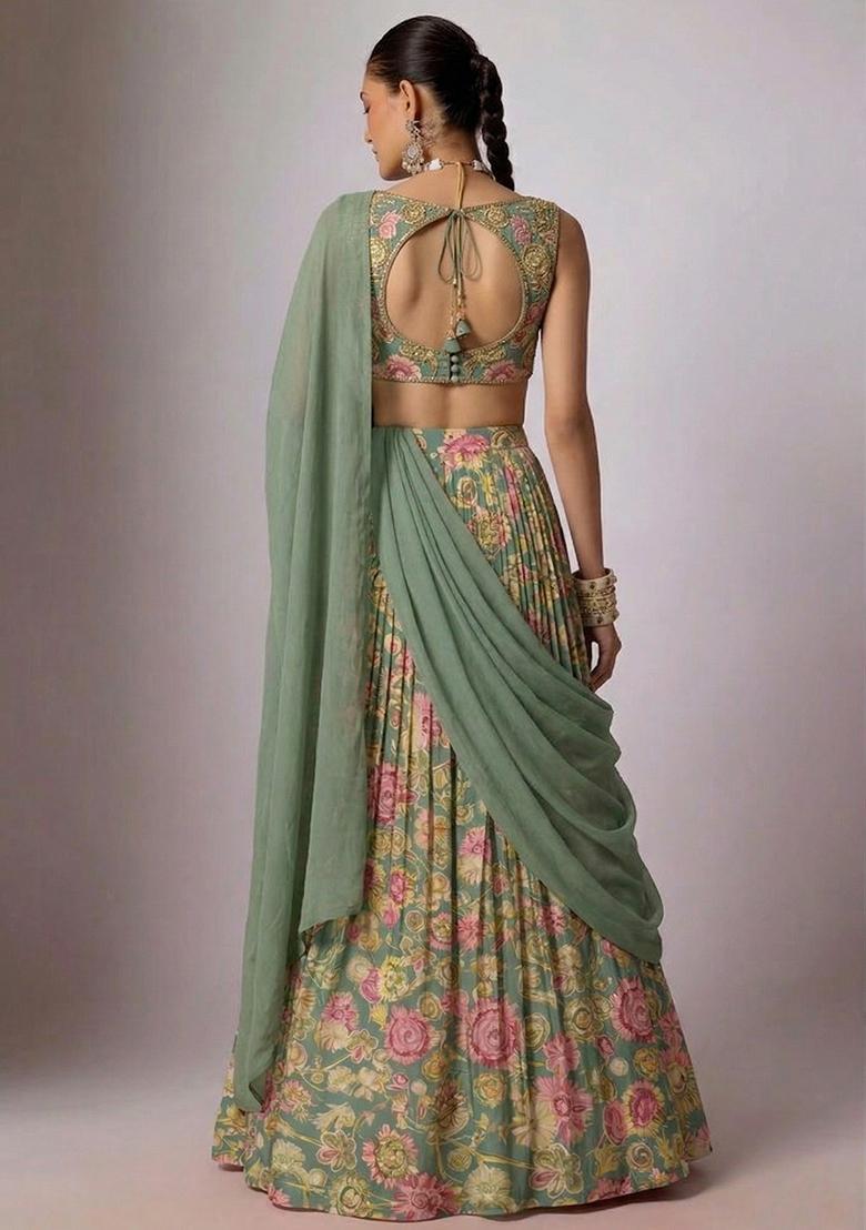 Sage Green Printed Handwork Satin Lehenga Set - Indya