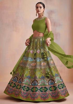 Olive Green Printed Handwork Lehenga Set