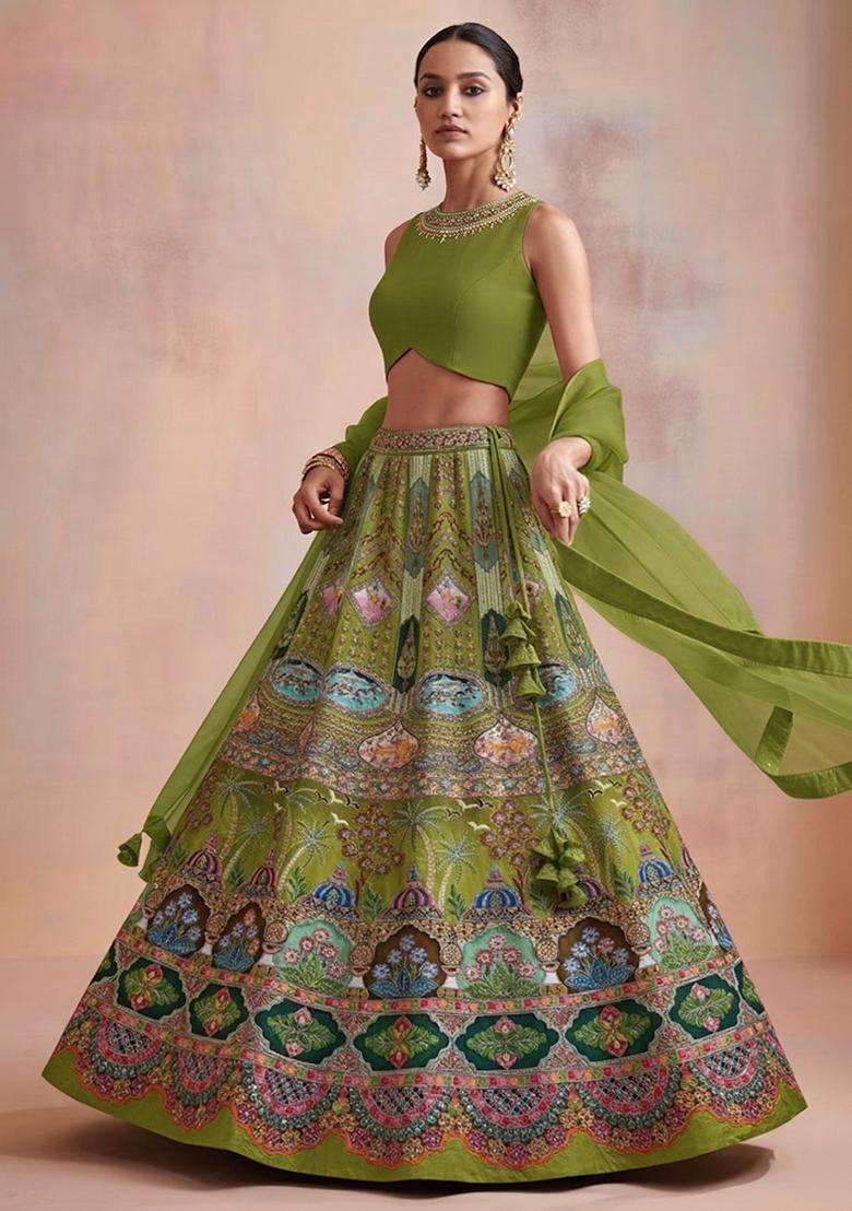 Olive Green Printed Handwork Lehenga Set - Indya