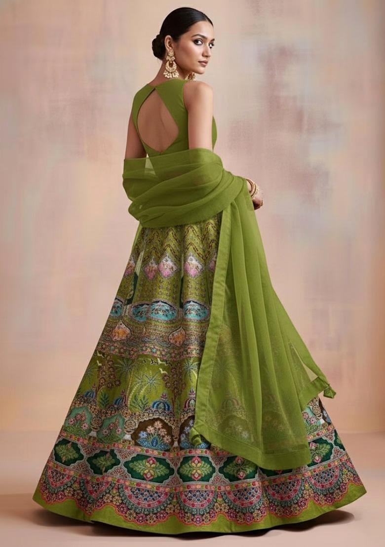 Olive Green Printed Handwork Lehenga Set - Indya