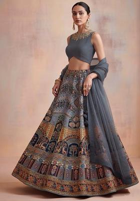 Grey Printed Handwork Lehenga Set