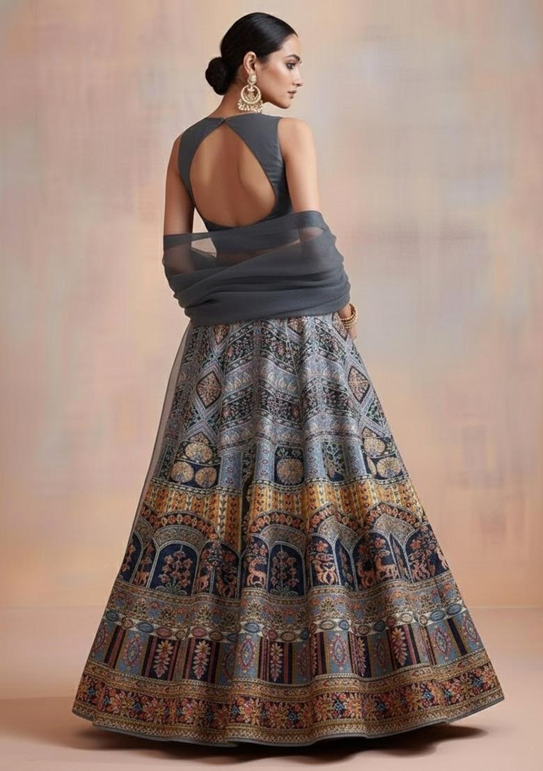 Grey Printed Handwork Lehenga Set - Indya