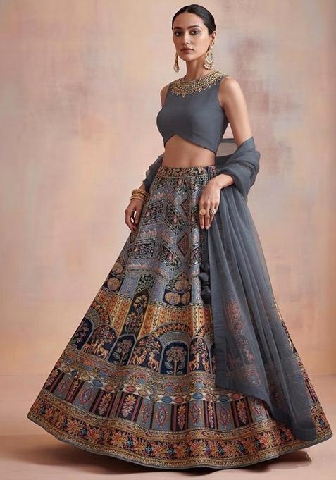 Grey Printed Handwork Lehenga Set