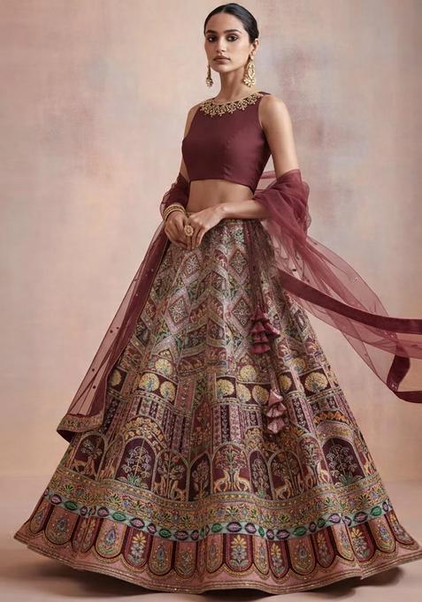 Brown Printed Handwork Lehenga Set