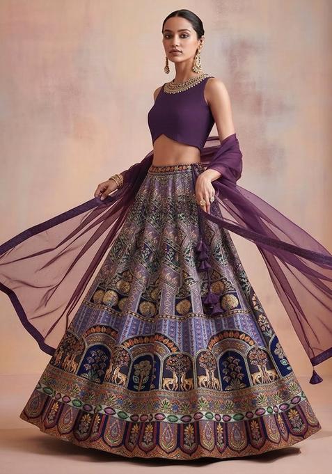 Brown Printed Handwork Lehenga Set