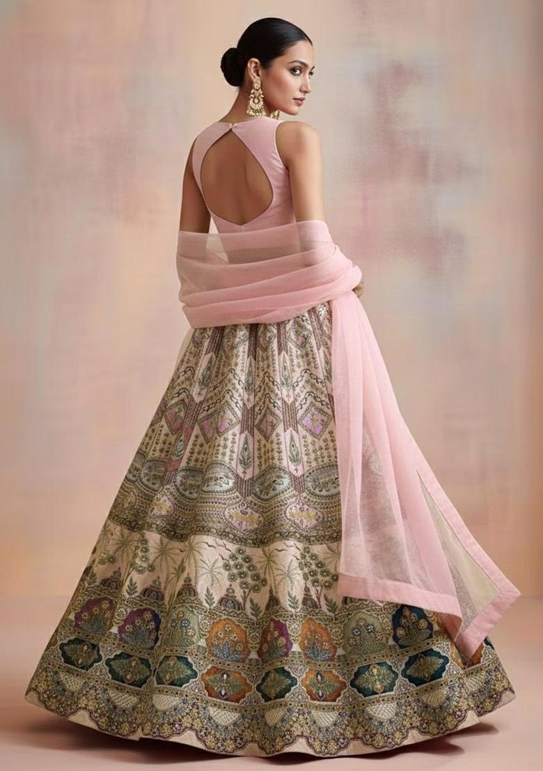 Pink Printed Handwork Lehenga Set - Indya