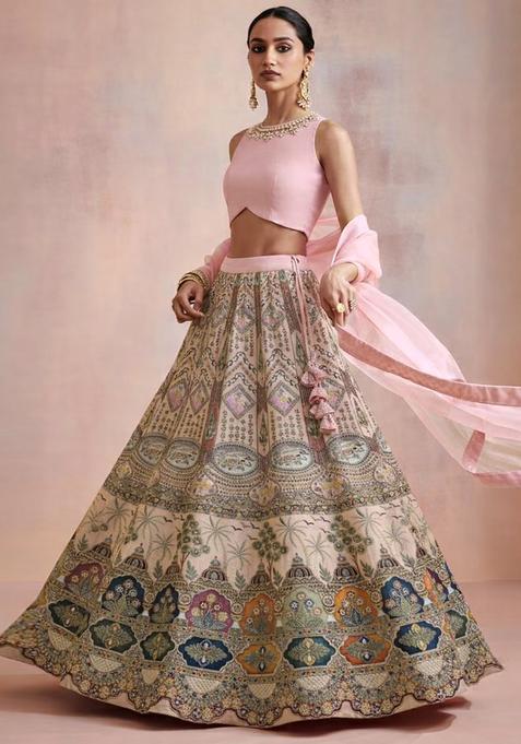 Pink Printed Handwork Lehenga Set