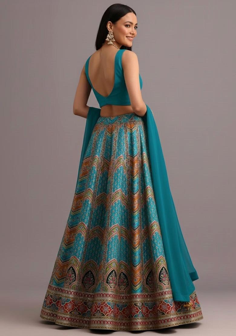 Blue Printed Handwork Lehenga Set - Indya