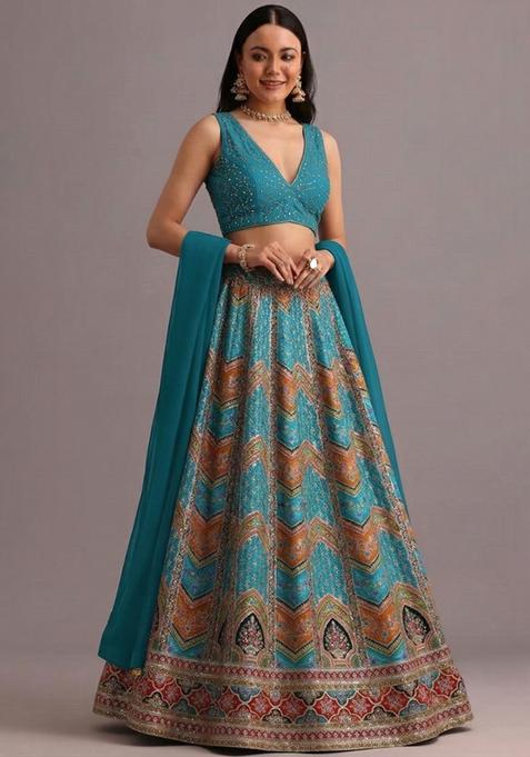 Blue Printed Handwork Lehenga Set