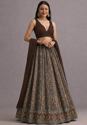 Brown Printed Handwork Lehenga Set