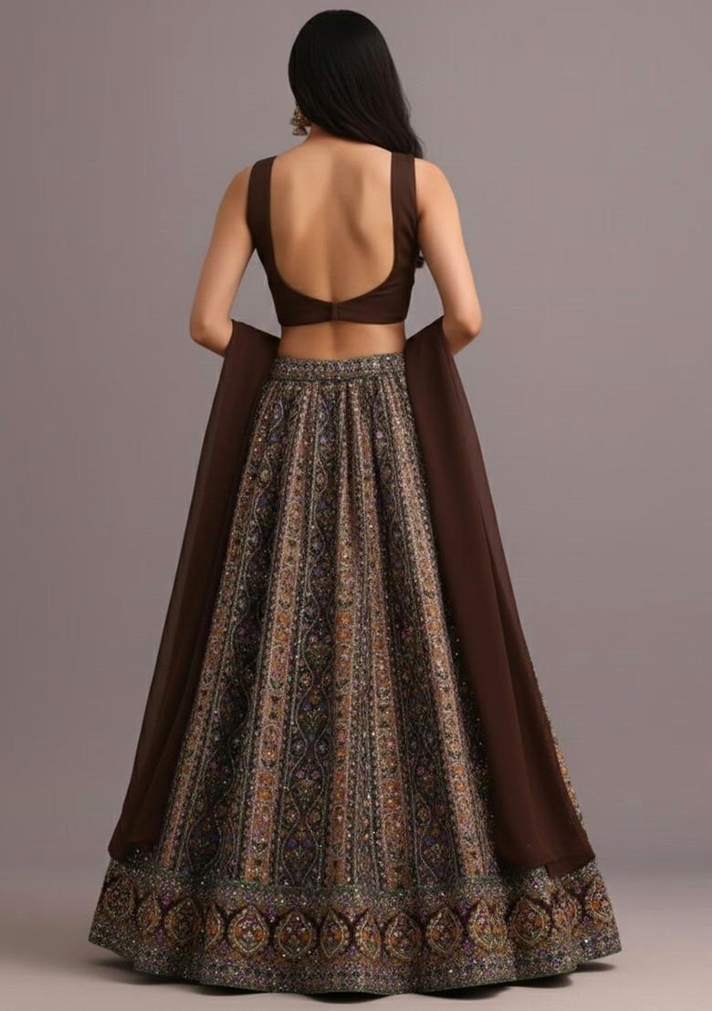 Brown Printed Handwork Lehenga Set - Indya