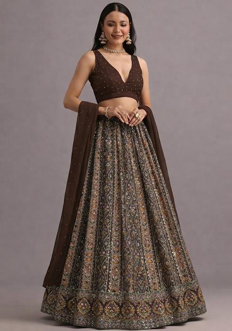 Brown Printed Handwork Lehenga Set