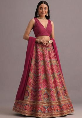 Magenta Printed Handwork Lehenga Set