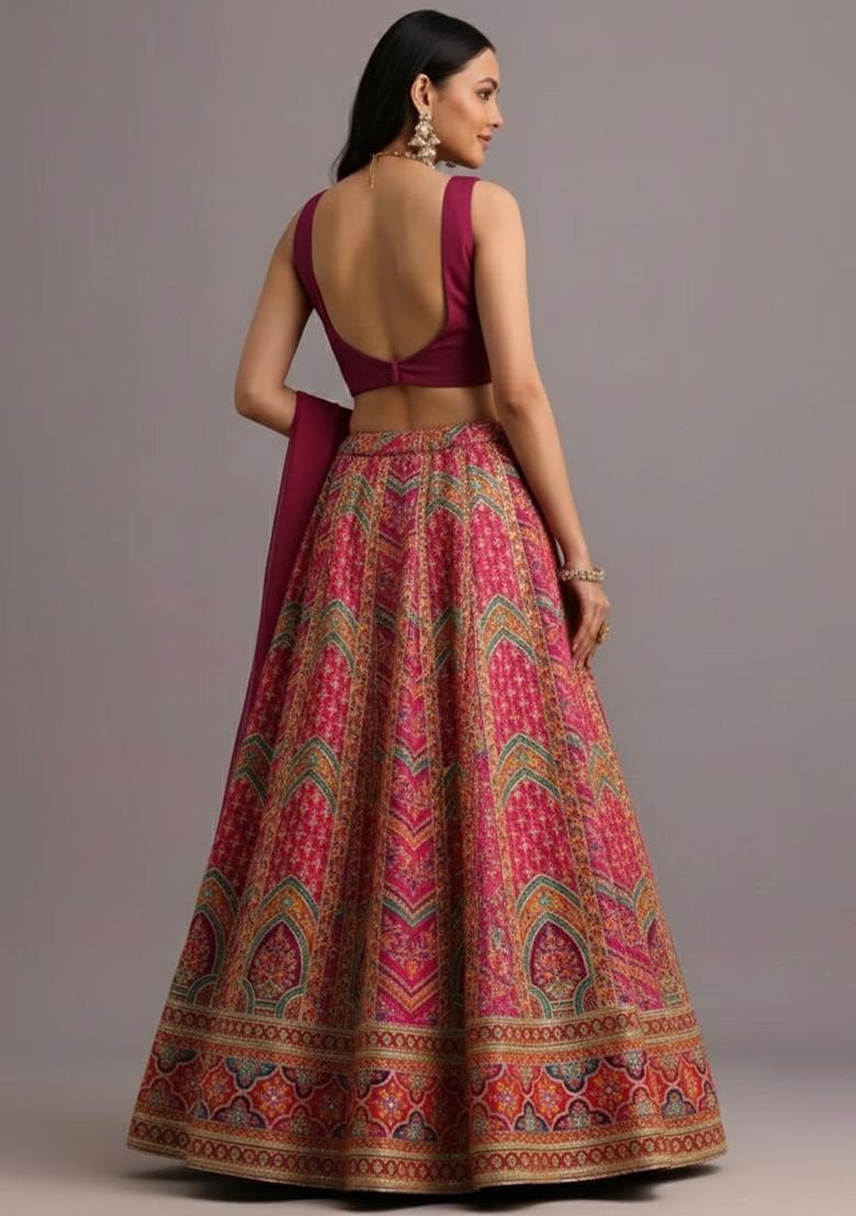 Magenta Printed Handwork Lehenga Set - Indya
