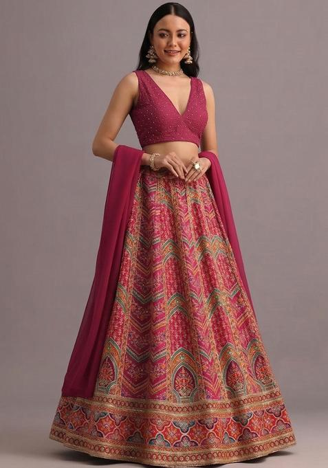 Magenta Printed Handwork Lehenga Set