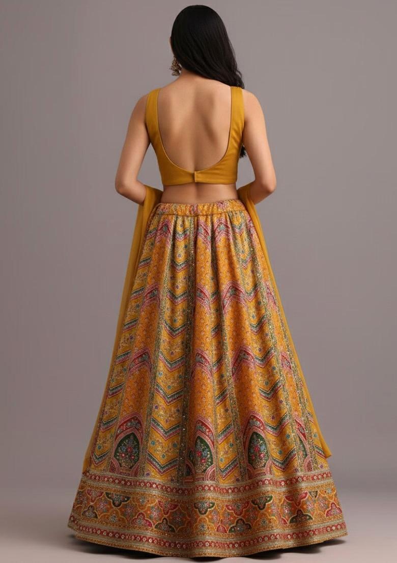 Yellow Printed Handwork Lehenga Set - Indya