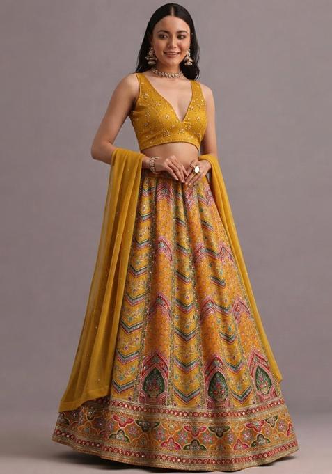 Yellow Printed Handwork Lehenga Set