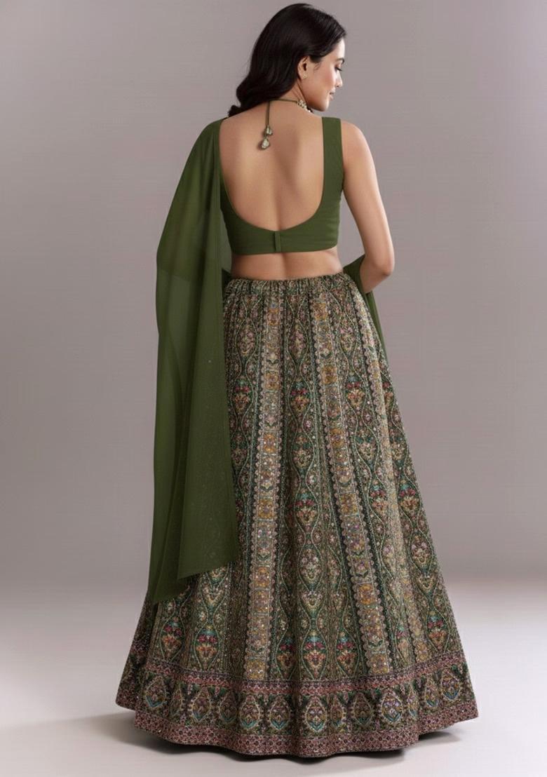 Mehendi Green Embroidered Handwork Lehenga Set - Indya