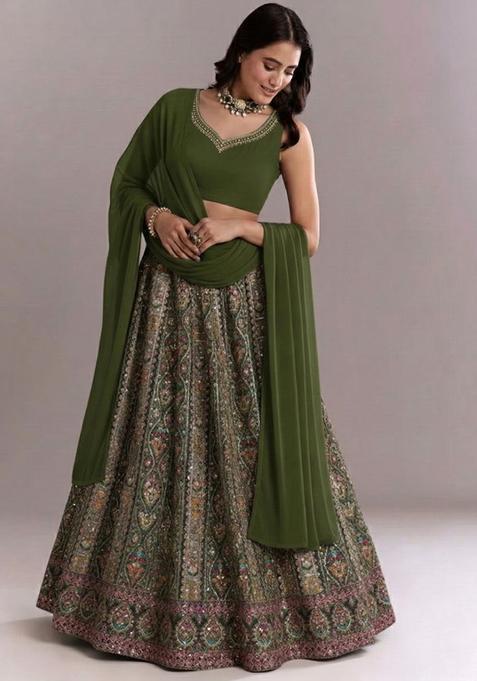 Mehendi Green Embroidered Handwork Lehenga Set