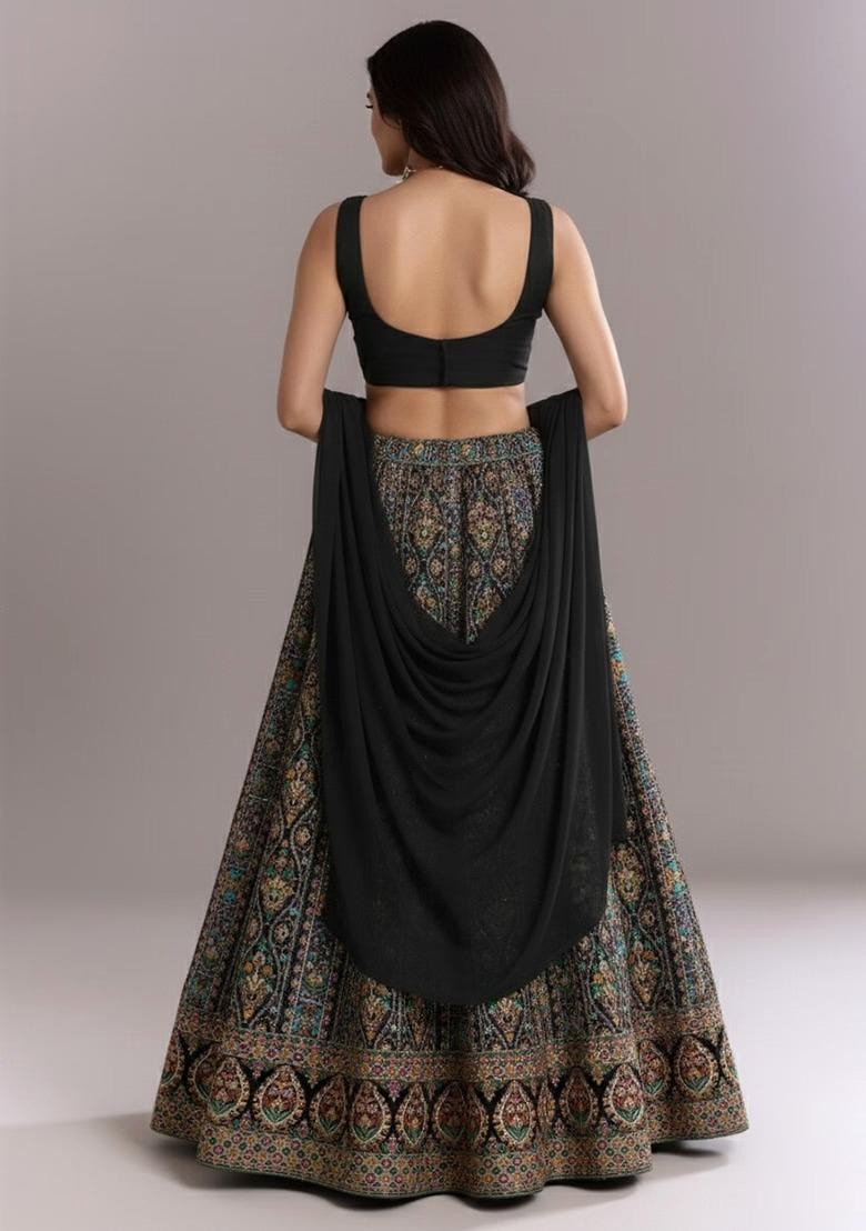 Black Embroidered Handwork Lehenga Set - Indya