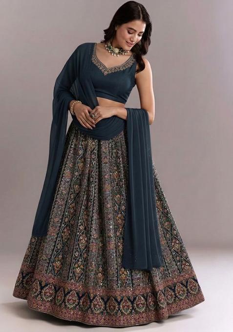 Blue Embroidered Handwork Lehenga Set