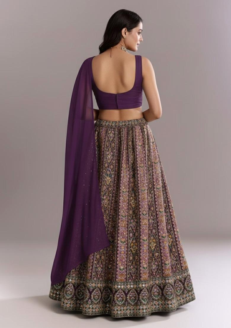 Plum Purple Embroidered Handwork Lehenga Set - Indya