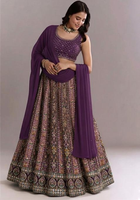 Plum Purple Embroidered Handwork Lehenga Set