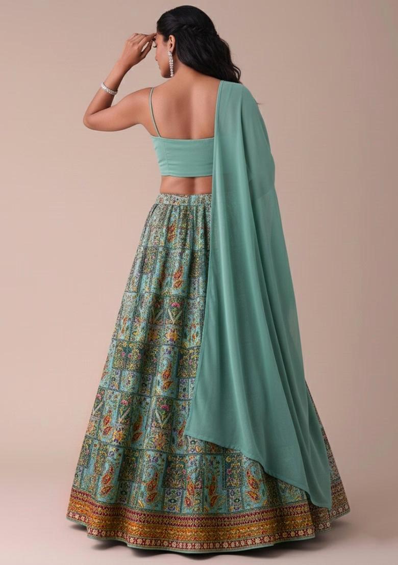 Teal Green Printed Handwork Lehenga Set - Indya