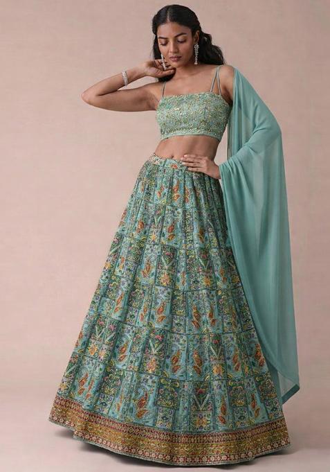 Teal Green Printed Handwork Lehenga Set